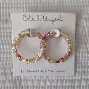 Côte d'Argent Gold Hoop Earrings with Pink and Clear Stones